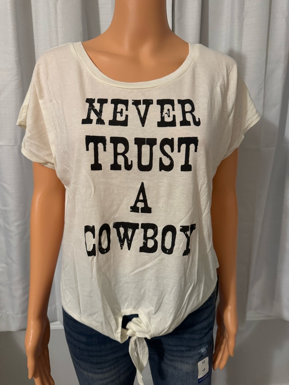Cute Wet Seal size S white short sleeve never trust a cowboy knot front shirt